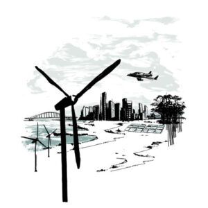 Art featuring a windmill in foreground, a large body of water in the mid-ground, and a airplane and city skyline in the background