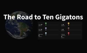 Screenshot of Road to 10 Gigatons online game, showing the Earth on the left with bulleted measurements on the right. Text superimposed over image reads “The Road to Ten Gigatons.”