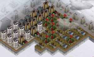 Urban Climate Architect game screenshot of city graphic with cloud overlay.