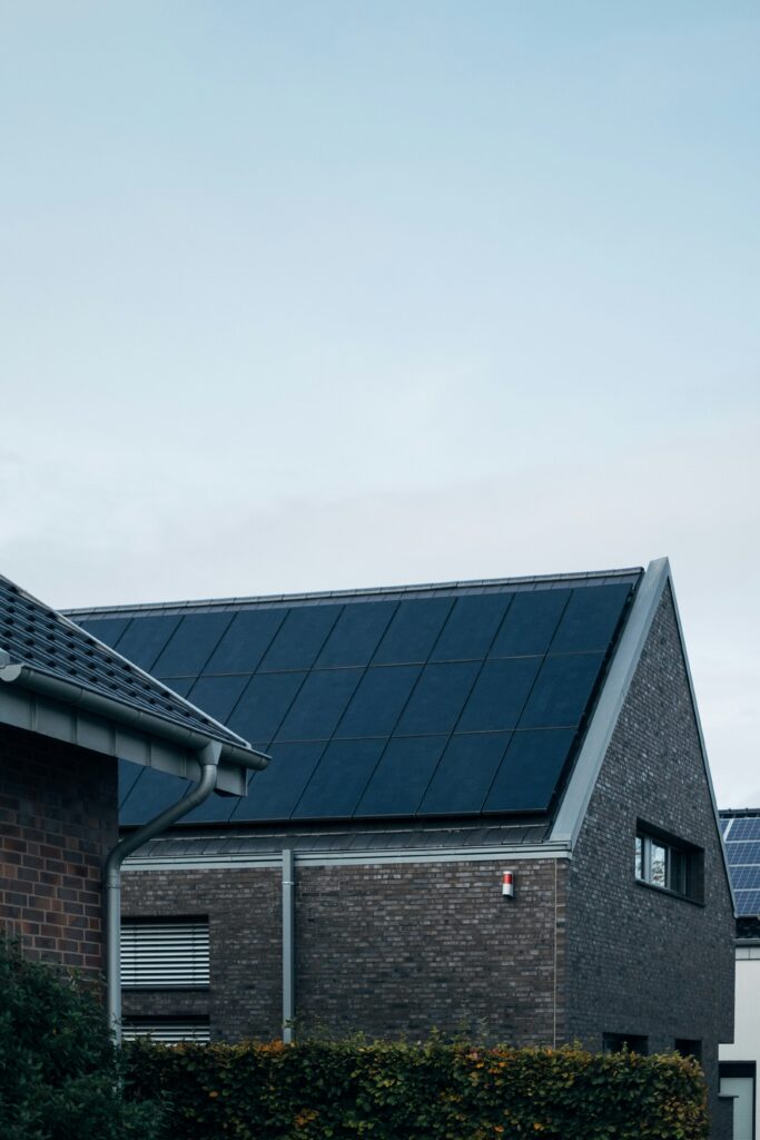 Solar roof on a gray stone house